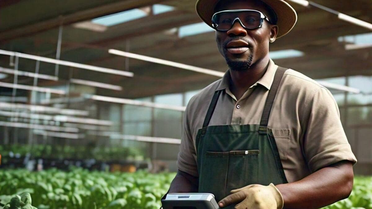 A man in a brown hat and green apron stands next to agricultural machinery in a greenhouse filled with leafy plants, suggesting innovation in Zimbabwe's venture capital and startup scene focused on sustainable agriculture.